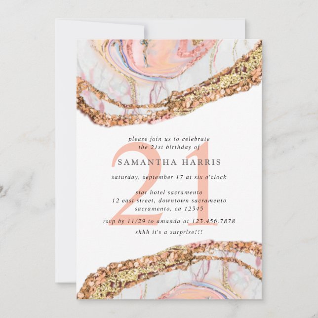 Elegant Rose Gold Marble 21st Birthday Party Invitation (Front)