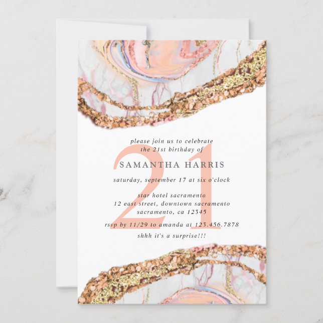Elegant Rose Gold Marble 21st Birthday Party Invitation (Front)