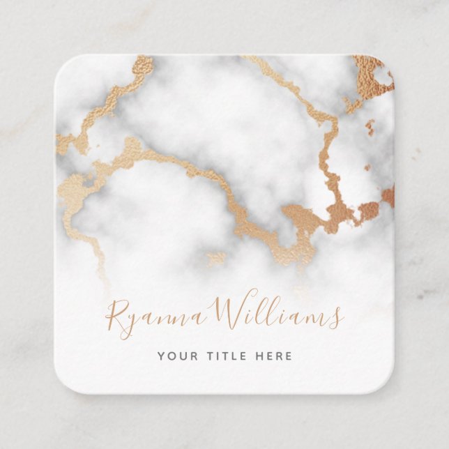 Elegant Rose Gold Marble Calligraphy Script Square Business Card (Front)