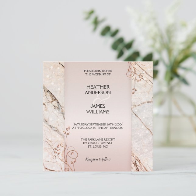 Elegant Rose Gold Marble Floral Wedding Invitation (Standing Front)