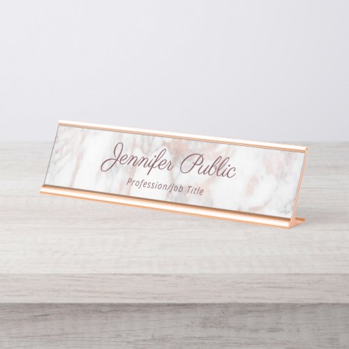 Elegant Rose Gold Marble Modern Typography Script Desk Name Plate