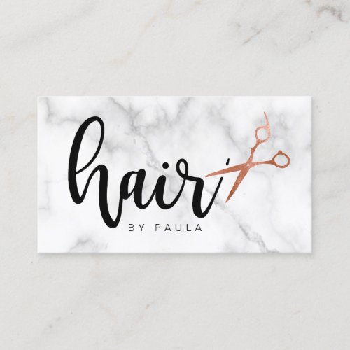 Elegant rose gold marble scissors hairstylist business card