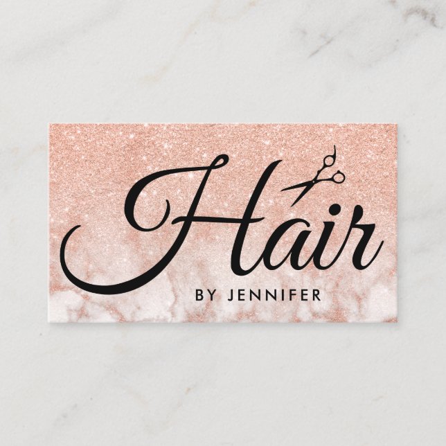 Elegant rose gold marble scissors hairstylist business card (Front)