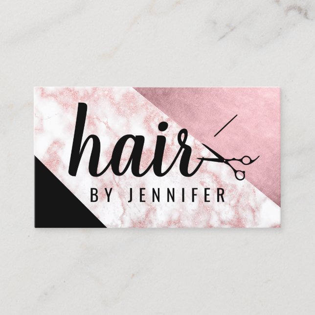Elegant rose gold marble scissors hairstylist business card (Front)