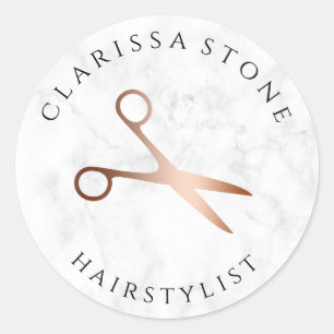 Elegant rose gold & marble scissors hairstylist classic round sticker