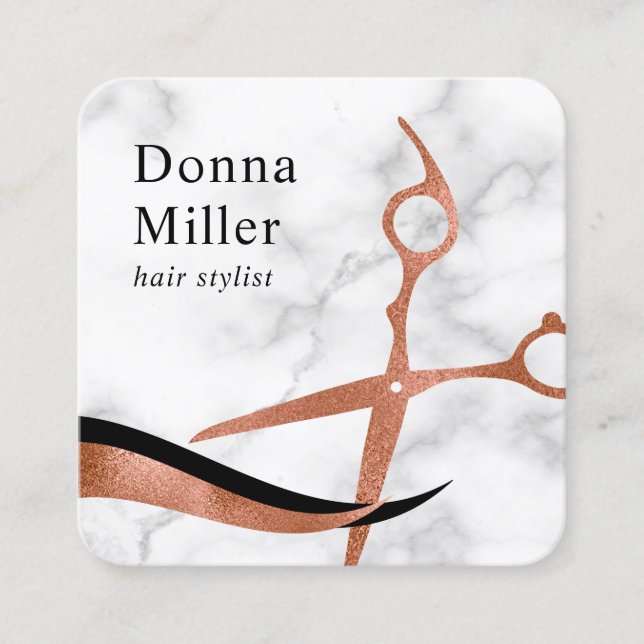 Elegant rose gold marble scissors hairstylist square business card (Front)