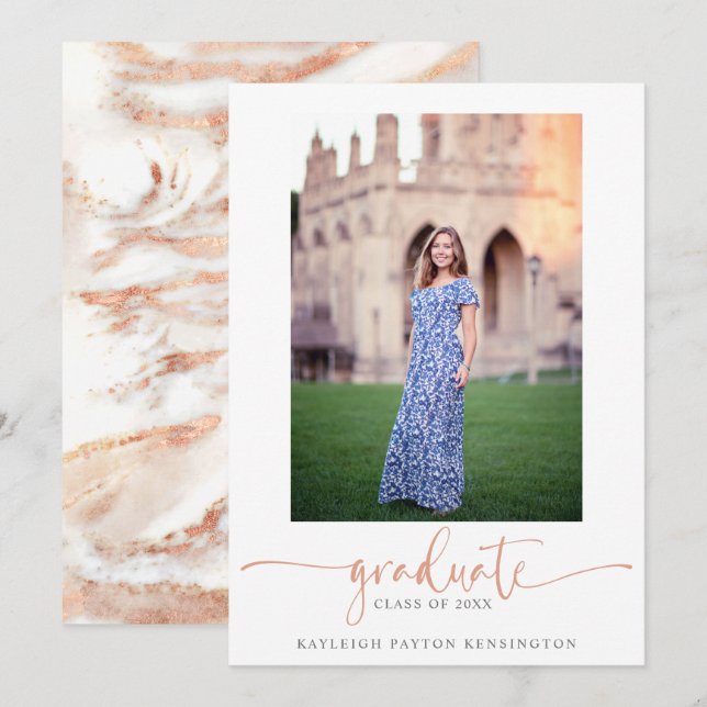 Elegant Rose Gold Marble Script Graduation Photo Announcement (Front/Back)