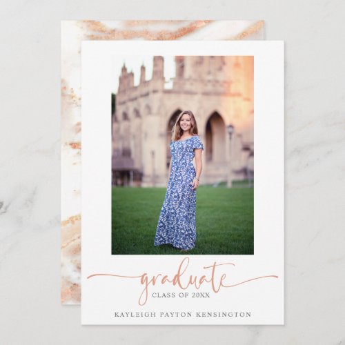 Elegant Rose Gold Marble Script Graduation Photo Announcement