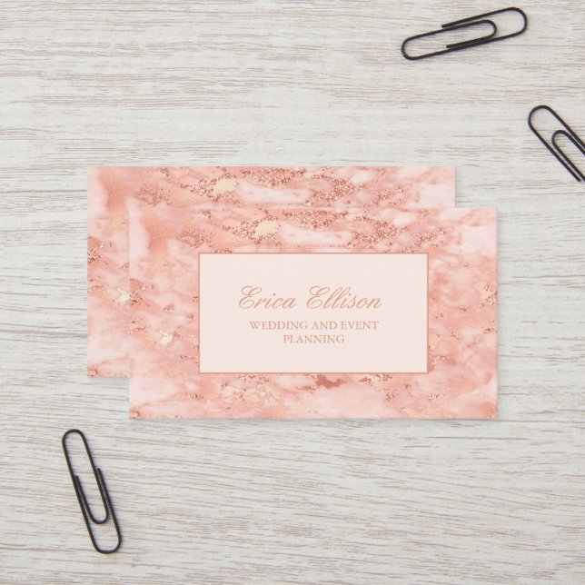 Elegant Rose Gold Marble Wedding Planner Business Card (Front/Back In Situ)