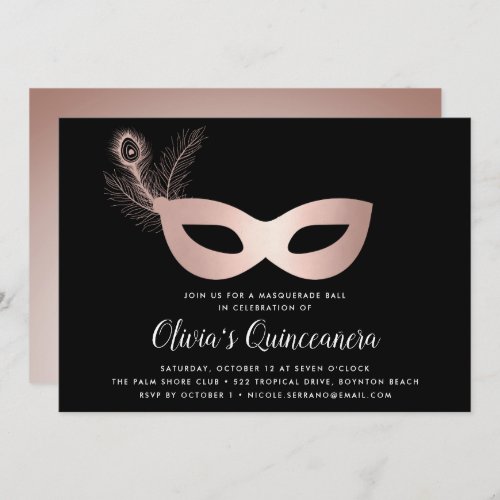 Elegant Rose Gold Masquerade Theme Quinceanera Invitation