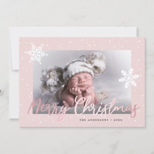 Elegant Rose Gold Merry Christmas Custom Photo  Holiday Card
