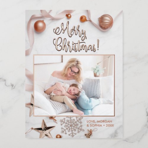 Elegant Rose Gold Merry Christmas Photo Message Foil Holiday Postcard