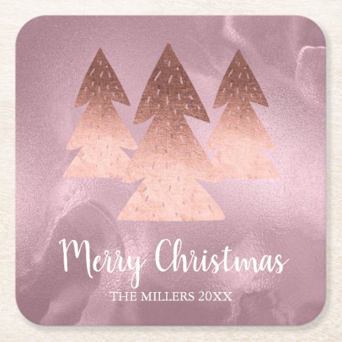 Elegant rose gold Merry Christmas tree marble Square Paper Coaster