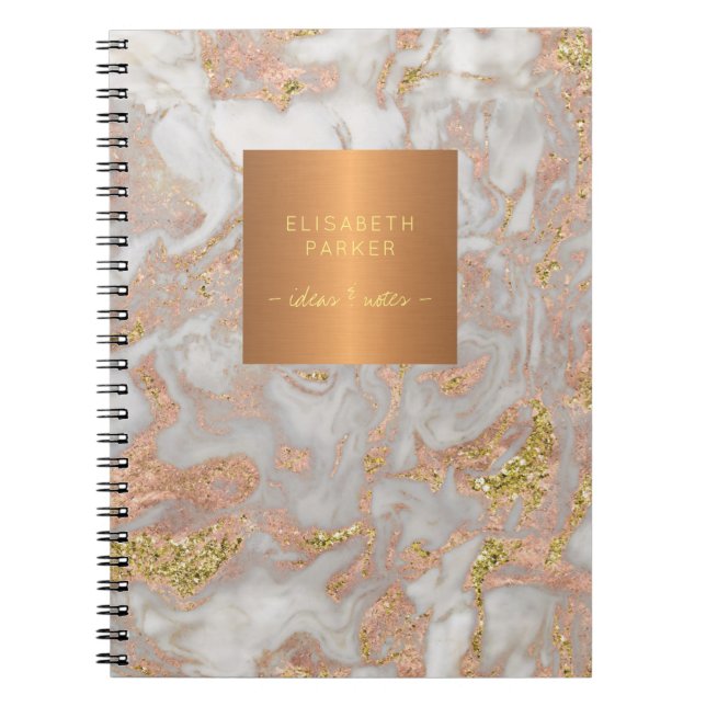 Elegant rose gold metallic copper gray marble notebook (Front)