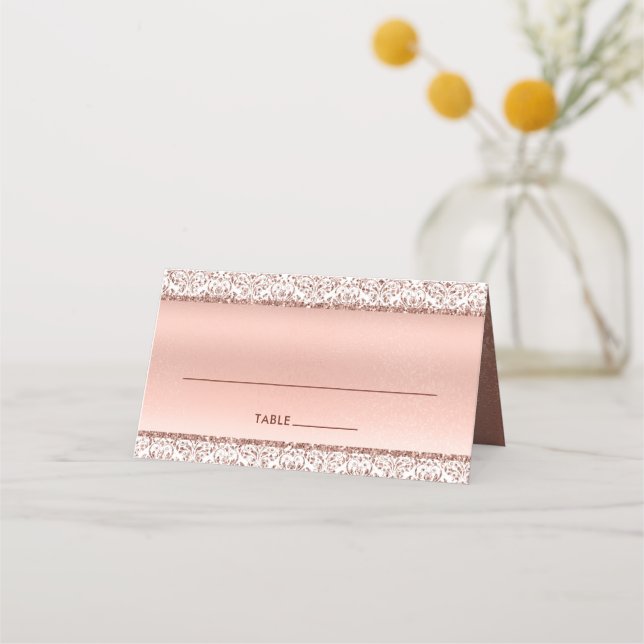 Elegant Rose Gold Metallic Damask Wedding  Place Card (Front)