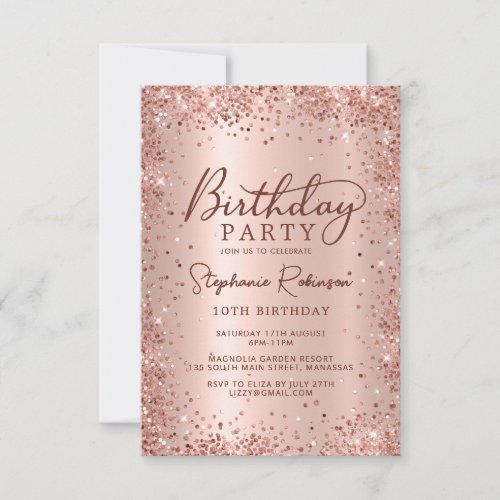 Elegant Rose Gold Metallic Glitter 10th Birthday  Invitation