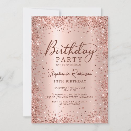 Elegant Rose Gold Metallic Glitter 13th Birthday  Invitation