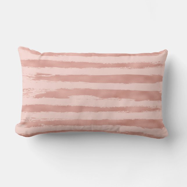 Elegant Rose Gold Metallic Handpainted Stripes Lumbar Pillow (Front)