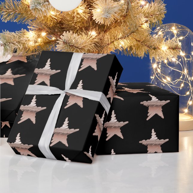 Elegant rose gold metallic look stars black wrapping paper (Holidays)