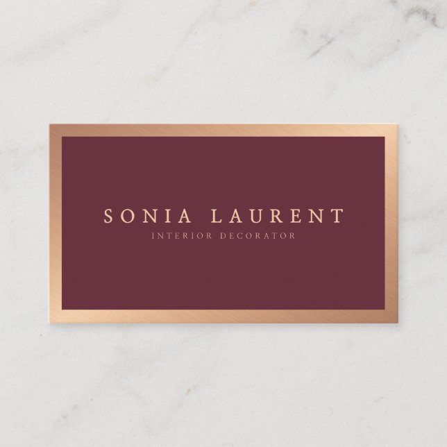 Elegant rose gold metallic marsala red minimalist business card (Front)