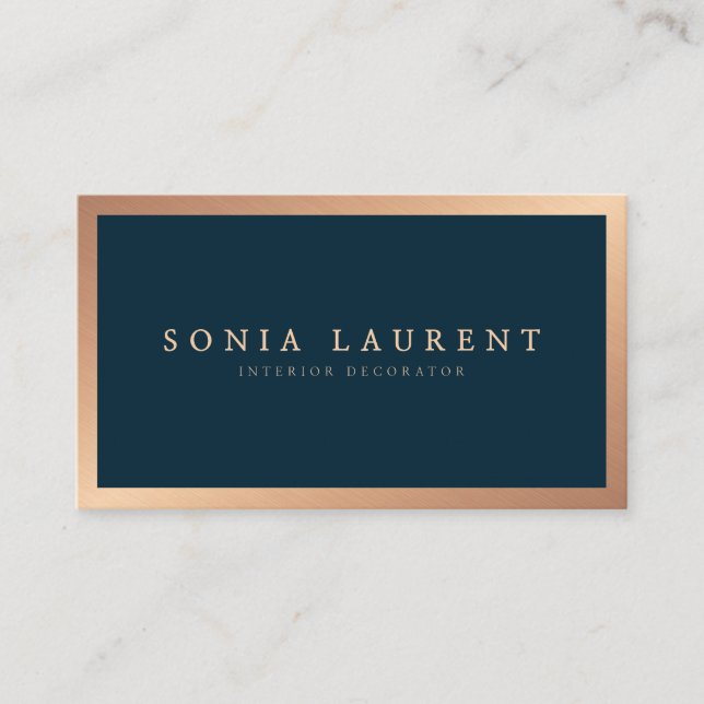 Elegant rose gold metallic navy blue minimalist business card (Front)
