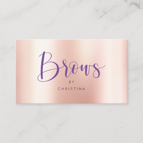 Elegant rose gold metallic purple brows script business card