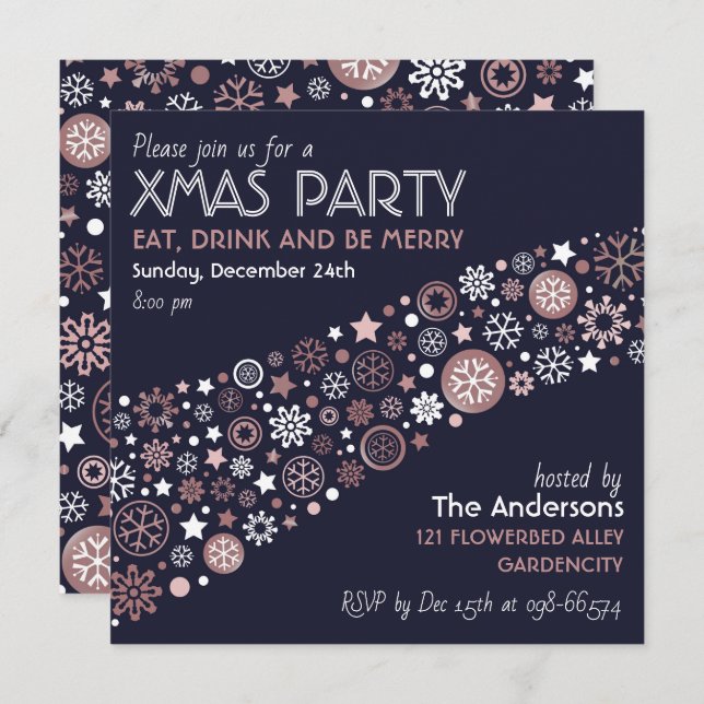 Elegant Rose Gold Metallic Snowflake Winter Design Invitation (Front/Back)