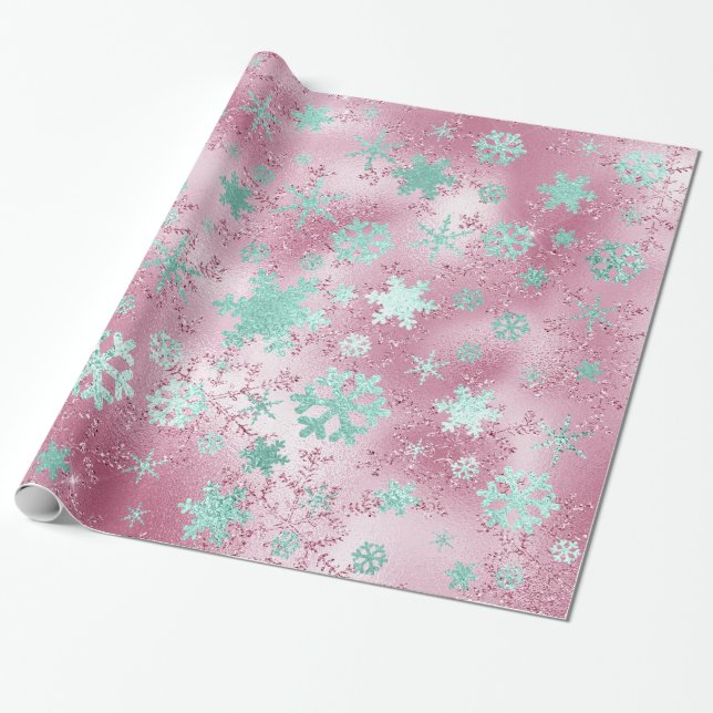 Elegant Rose Gold Mint Christmas Snowflake Pattern Wrapping Paper (Unrolled)