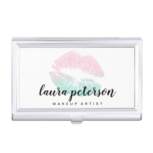 Elegant rose gold mint glitter lips makeup business card case (Front)