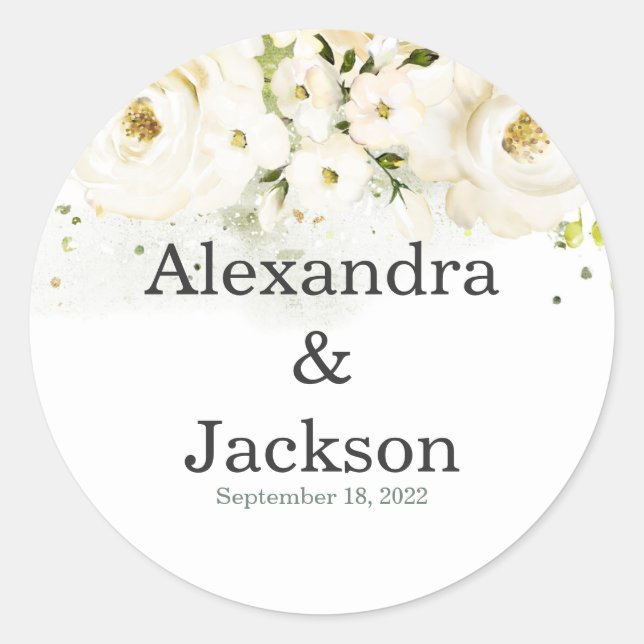 Elegant Rose & Gold Modern Font Wedding Favor Classic Round Sticker (Front)