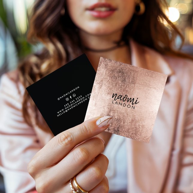 Elegant rose gold modern square minimalist black business card (Elegant rose gold modern square minimalist black)