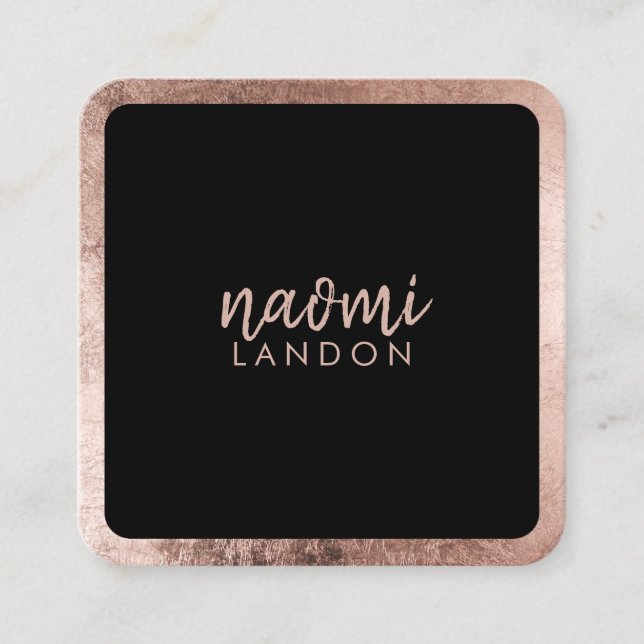 Elegant rose gold modern square minimalist black square business card (Front)