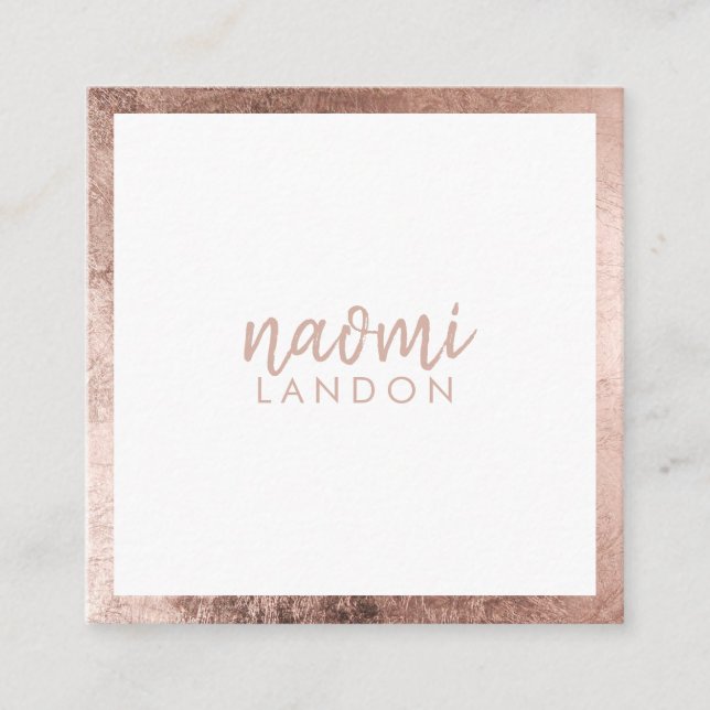 Elegant rose gold modern square minimalist white square business card (Front)