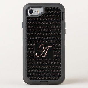 Elegant Rose Gold Monogram A Custom Name Black OtterBox Defender iPhone SE/8/7 Case