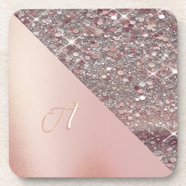 Elegant Rose Gold Monogram Beverage Coaster (Front)