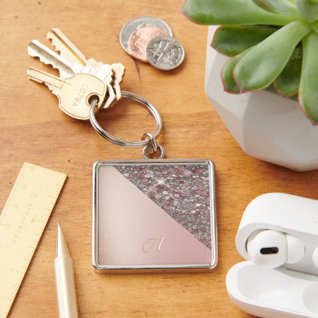 Elegant Rose Gold Monogram Button Keychain (Desk)