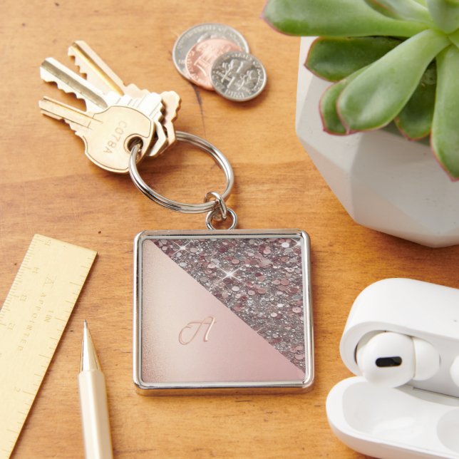 Elegant Rose Gold Monogram Button Keychain (Desk)