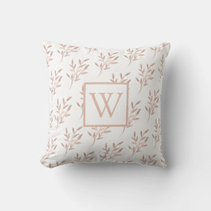 Elegant Rose Gold Monogram Foliage Throw Pillow