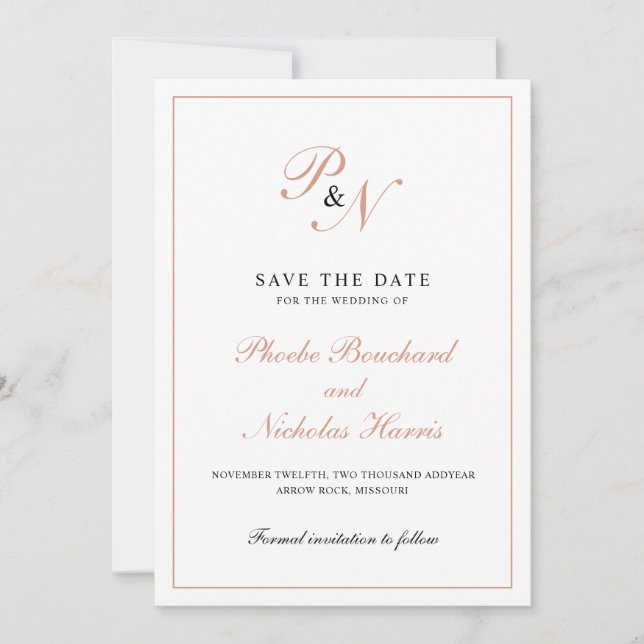 Elegant Rose Gold Monogram Formal Wedding Save The Date (Front)