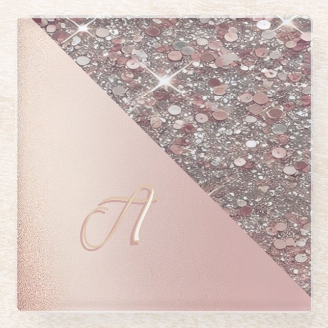 Elegant Rose Gold Monogram Glass Coaster (Front)
