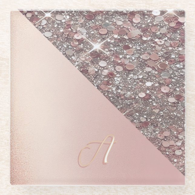 Elegant Rose Gold Monogram Glass Coaster (Front)