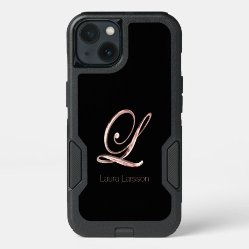 Elegant Rose Gold Monogram L Custom Name Black iPhone 13 Case