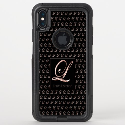 Elegant Rose Gold Monogram L Custom Name Black OtterBox Commuter iPhone XS Max Case