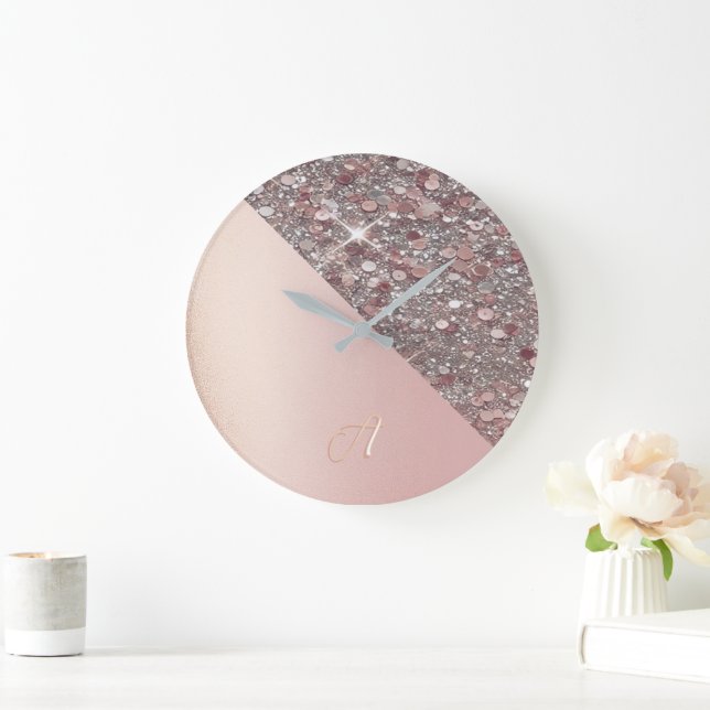Elegant Rose Gold Monogram Large Clock (Home)