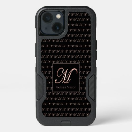 Elegant Rose Gold Monogram M Custom Name Black iPhone 13 Case