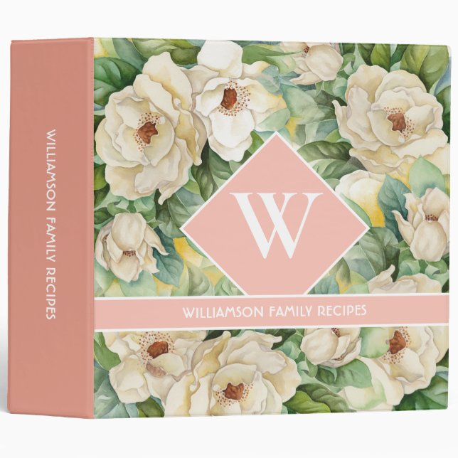Elegant Rose Gold Monogram Magnolia Floral Recipe 3 Ring Binder (Front/Spine)