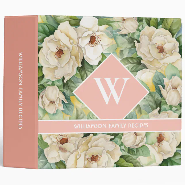 Elegant Rose Gold Monogram Magnolia Floral Recipe 3 Ring Binder | Zazzle