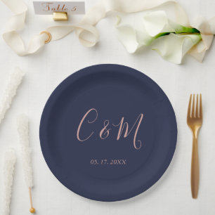 Elegant Rose Gold Monogram Navy Wedding Paper Plates