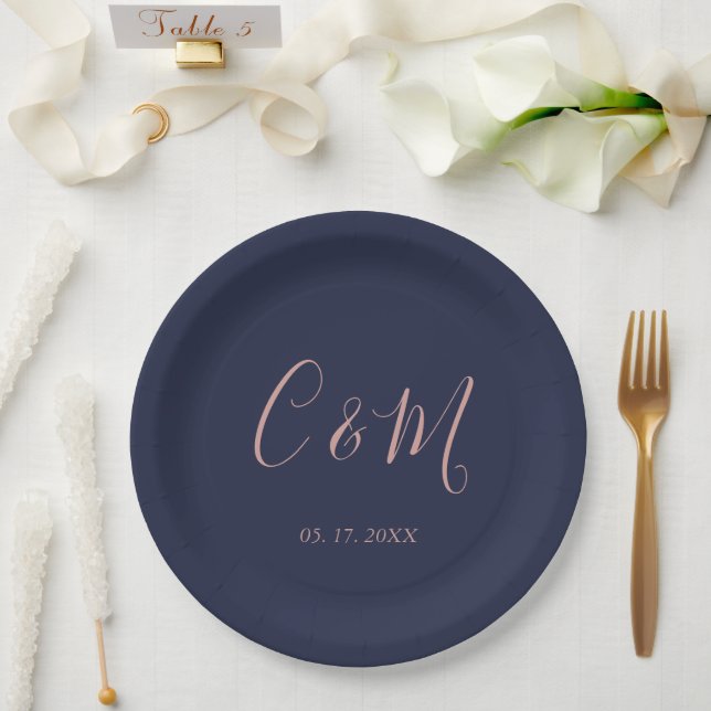 Elegant Rose Gold Monogram Navy Wedding Paper Plates (Wedding)