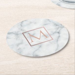 elegant rose gold monogram on white marble stone round paper coaster